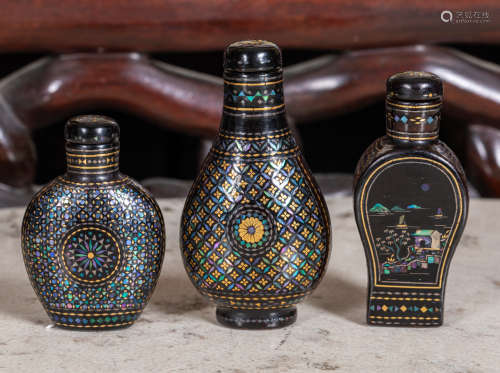 Set of three Chinese Lacquer and Pearl Snuff Bottle