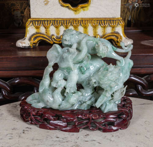 Chinese carved jade stone figure with wood stand