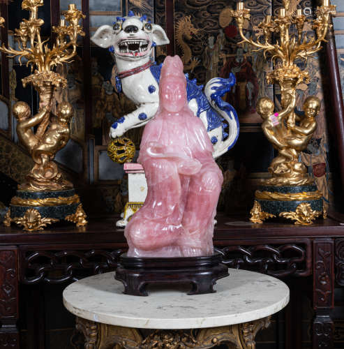 Large Chinese Antique rose quartz Kuanyin on wood stand
