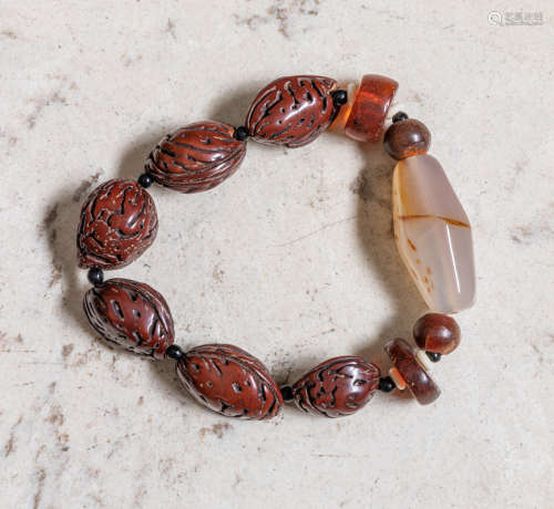 Chinese Old Nut & Agate Prayer Beads