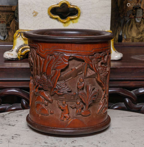 Chinese Export Carved bamboo Brush Pot