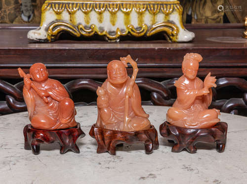 Set of Chinese Old Agate Figure of Lady & Luohan