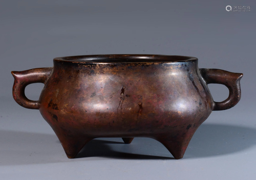 A CHINESE BRONZE TRIPOD CENSER WITH MARK,…