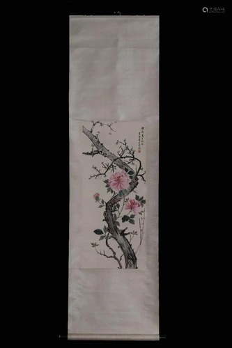 A CHINESE PAPER SCROLL FLOWER PAINTING,A…