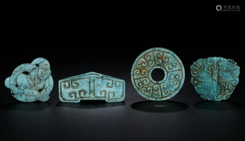 A SET OF CHINESE TURQUOISE CARVED, SWORD…