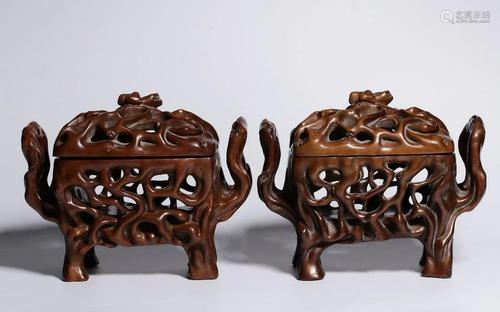 A PAIR OF CHINESE BOXWOOD CENSERS, QING …