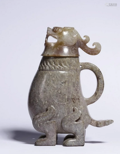 A CHINESE FINE JADE MYTHICAL BEAST CENSER, MI…