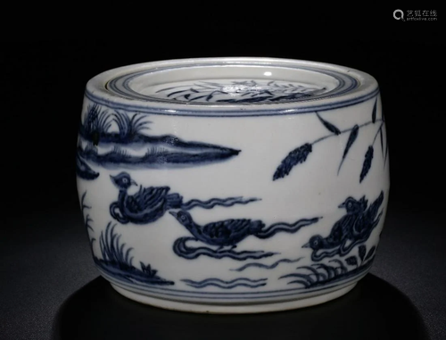 A CHINESE BLUE AND WHITE CRICKET HOLDER WIT…