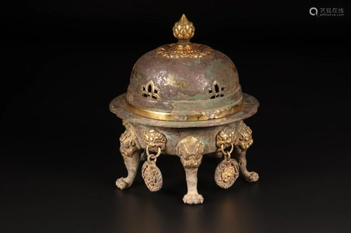 A CHINESE GILT-SILVER CENSER WITH COVER, QING…