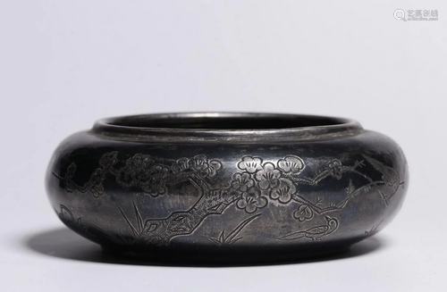 A CHINESE SILVER CARVED WINTERSWEET WATE…