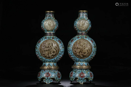 A PAIR OF CHINESE INLAID FINE JADE CLOISONNE