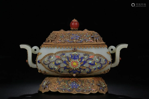 A CHINESE GILT-SILVER INLAID BLUE STONE ENAMEL…