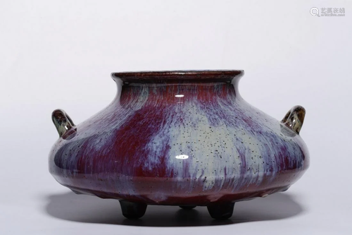 A CHINSES FLAMBE-GLAZED TRIPOD JAR WITH M…