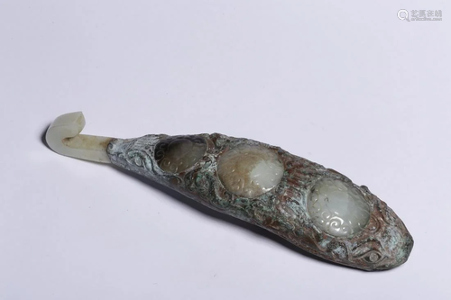 A CHINESE INLAID FINE WHITE JADE ARCHAIC B…