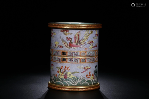 A CHINESE FAMILLE ROSE BRUSH POT WITH QIA…