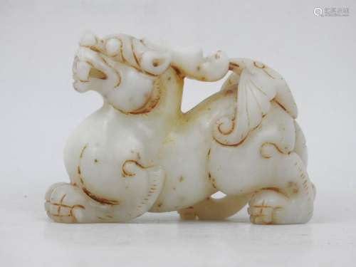 CHINE : Dragon cervidé en jade blanc sculpté cheva…