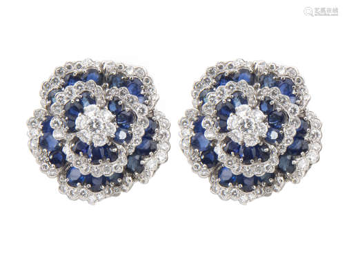 VAN CLEEF & ARPELS MID-20TH CENTURY DIAMOND AND SAPPHIRE ''CAMELLIA'' EAR CLIPS