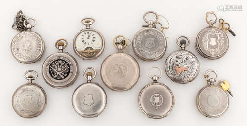 A GROUP OF 11 SILVER HUNTING POCKET WATCHES FOR SWISS IMPORT, CIRCA 1900