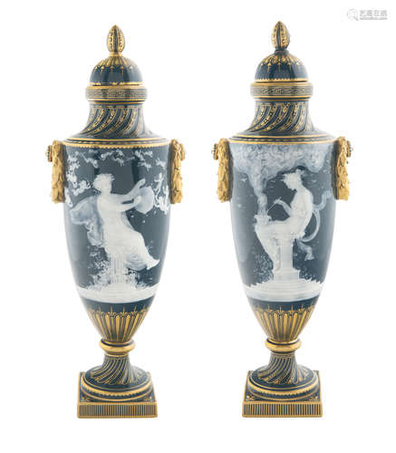 A PAIR OF ENGLISH PATE-SUR-PATE VASES, MINTONS, STOKE-UPON-TRENT, 1919