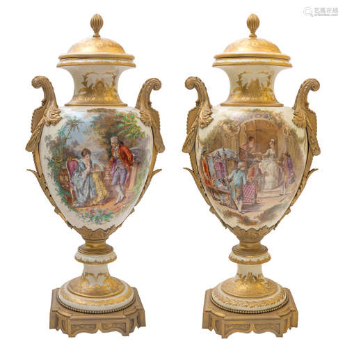 A PAIR OF MONUMENTAL ORMOLU-MOUNTED SEVRES-STYLE PORCELAIN VASES, 19TH CENTURY