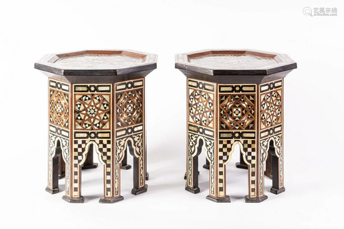 Arte Islamica A pair of wooden coffee tables inlaid