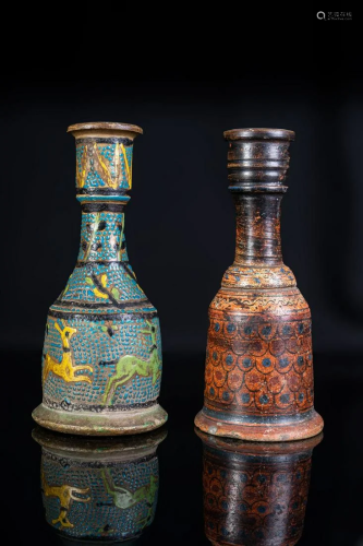 Arte Islamica Two earthenware enamelled huqq…