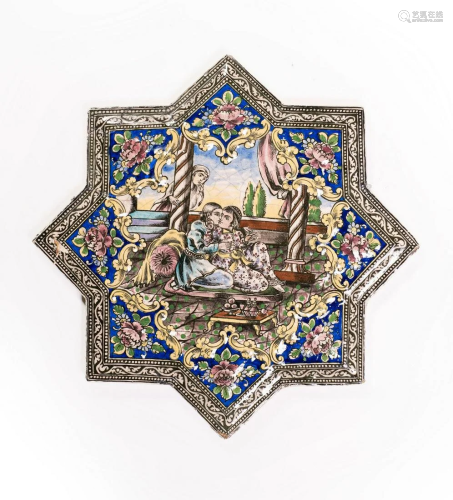 Arte Islamica A Qajar moulded star tile painted wit…