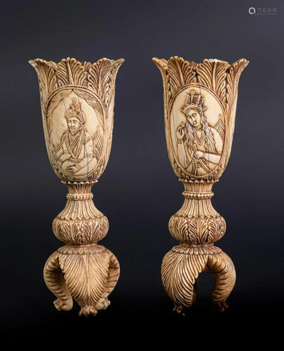 Arte Indiana A pair of solid ivory goblets carved with