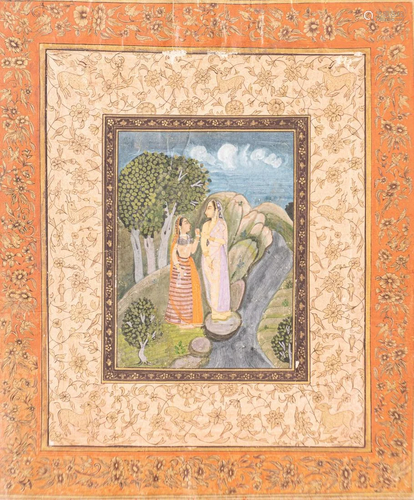 Arte Indiana A miniature painting depicting two ladies