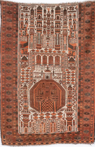 Arte Islamica A prayer rug with mosque and minarets
