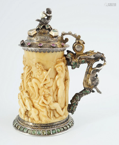 19TH-CENTURY SILVER MOUNTED IVORY TANKARD