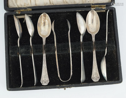 SIX SILVER TEA SPOONS AND TONGS