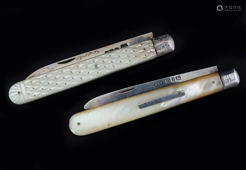 TWO SILVER AND MOTHER O'PEARL PEN KNIVES