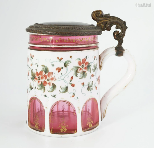 BOHEMIAN PAINTED CRYSTAL & ORMOLU TANKARD