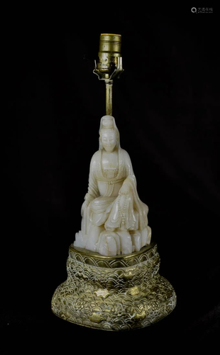 Chinese Carved Soapstone Kuanyin Lamp