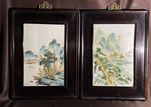 Pair Chinese Porcelain Plaque with Landscape - Fram…