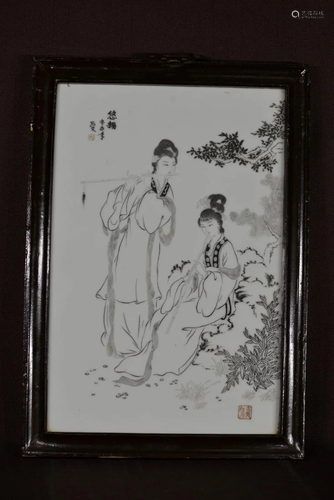 Chinese Etched Porcelain Plaque with Lady Scene