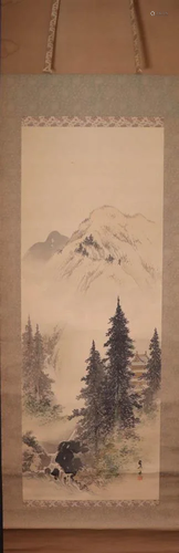 Japanese Scroll Painting - Pine Forest and Mountain