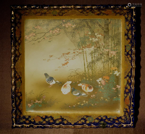 Japanese Satsuma Square Tray with Pigeon Scene