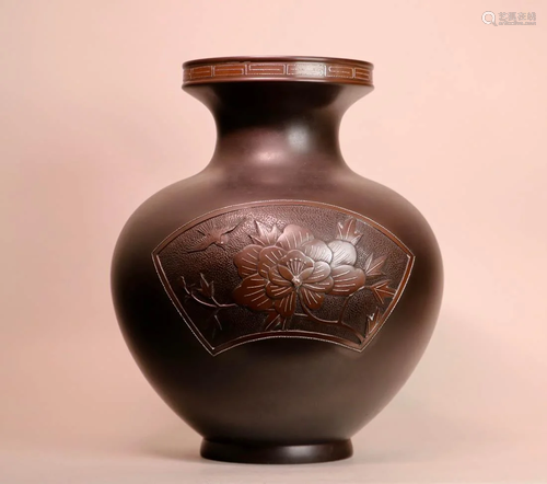 Japanese Bronze Vase - Silver Inlay Flower