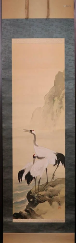 Japanese Scroll Painting on Silk - Cranes