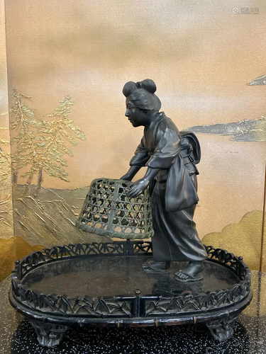 Japanese Meiji Bronze Beiji with Bamboo Basket