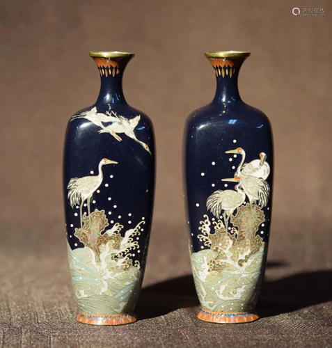 Pair Japanese Cloisonne Vase with Crane and Wave S…