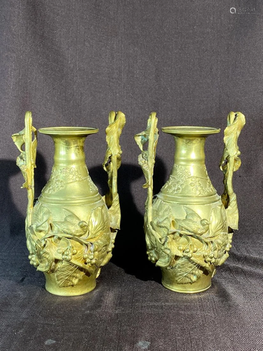 Pair French Gilt Bronze Urn - Grape Vine