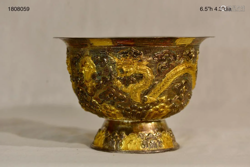 Tibet Silver Bowl with Gilt - Dragon Motif