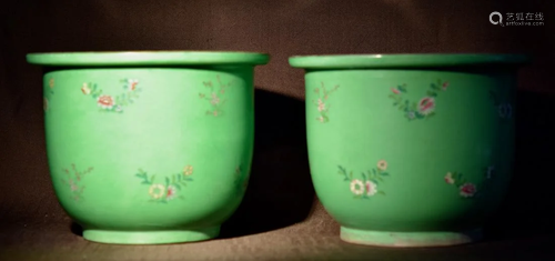 Chinese Porcelain Planters - Green with Floral M…