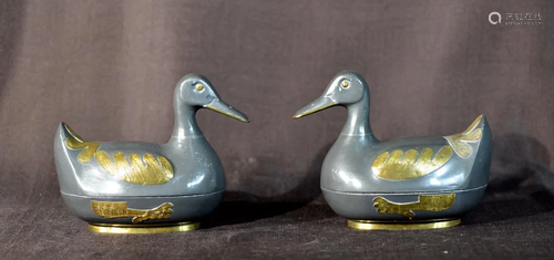 Pair Chinese Pewter Duck Form Boxes