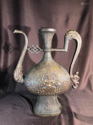 Antique Mongolian Tibetan Ewer with Turquois Inlay