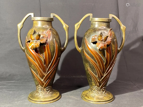 Pair Japanese Bronze Vases with Iris