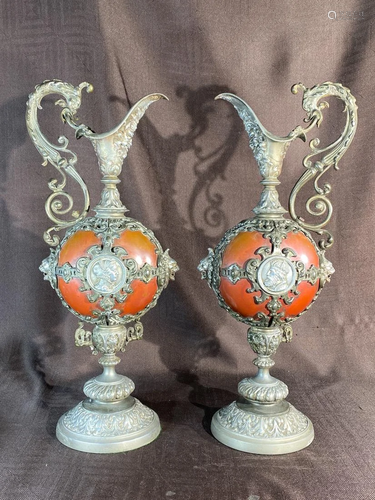 Pair European Metal Ewers - King and Queen Motif